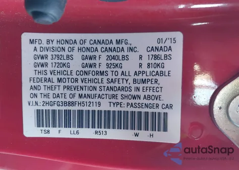 2015 Honda Civic Ex z USA, uszkodzony, nr VIN 2HGFG3B88FH512119